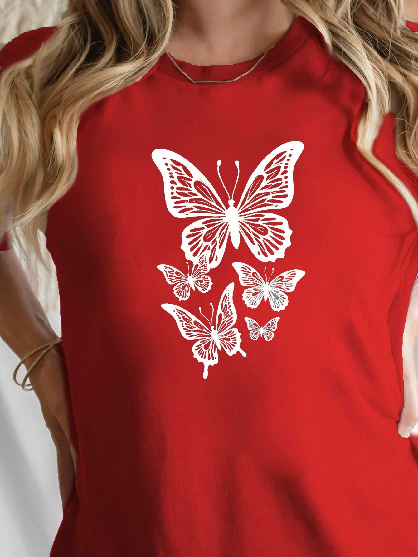 Mujer elegante mariposa blanca racimo transpirable puro diario Casual Harajuku manga corta Harajuku ropa de calle