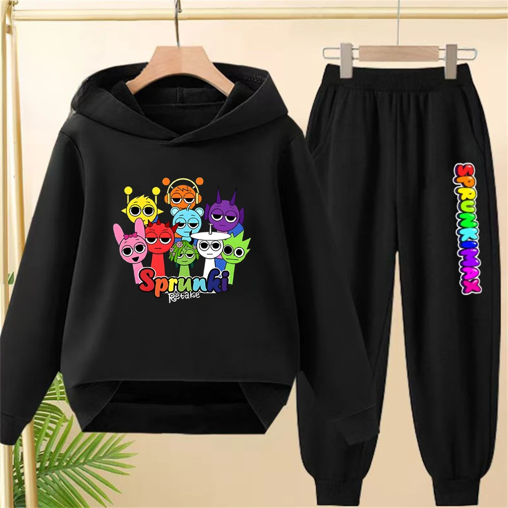 

Kids Hoodie Boys Girls black Clothing Incredibox Sprunki Game Incredibox Cartoon Print Casual Sportswear+pants Clothes Set