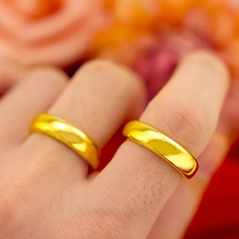 Plated Real 18k Yellow Gold 999 24k Rings Men and Women Smooth Lover Antithes Simple Ring Long Lasting Never Fade Jewelry