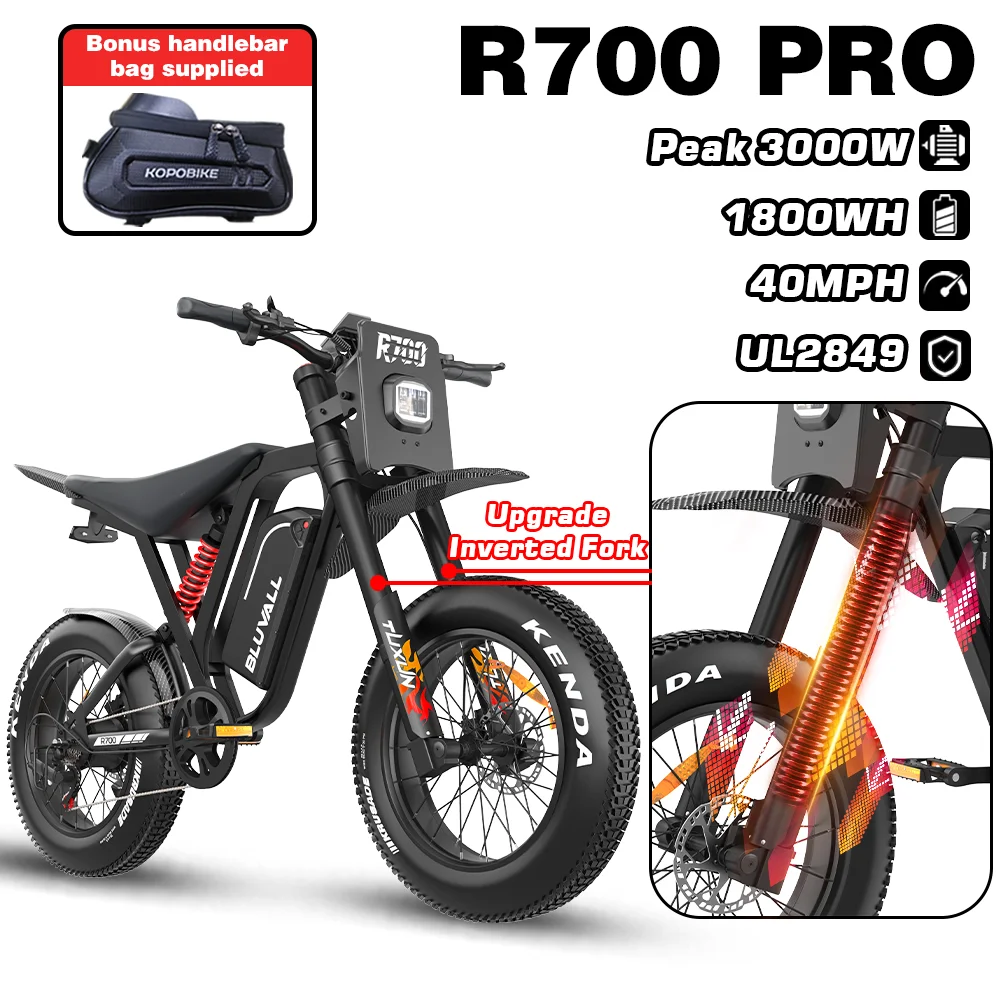 US Stock Electric Bike Adults R700 Pro 3000W Peak 125N.m 60V 30Ah 40MPH 20"x4.0 Fat Tire Off Road Dirt Bike Inverted Fork Full Suspension Hydraulic Brakes UL2849