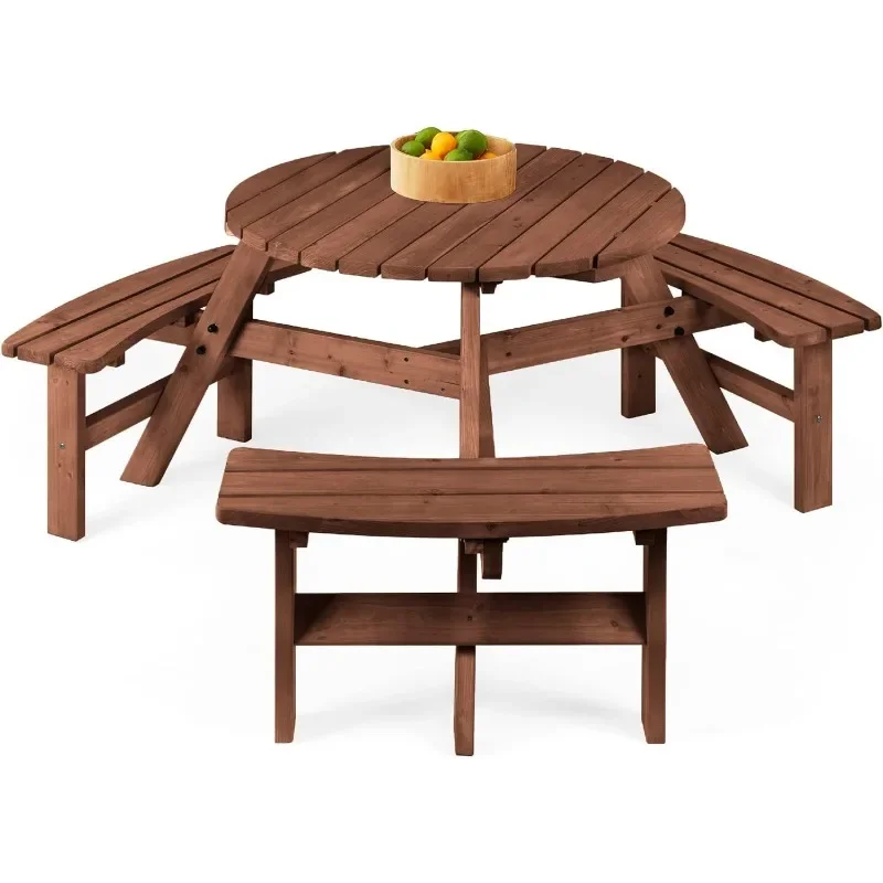 Best Choice Products 6-Person Circular Outdoor Wooden Picnic Table for Patio, Backyard, Garden, DIY w/ 3 Built-in Benches，500lb