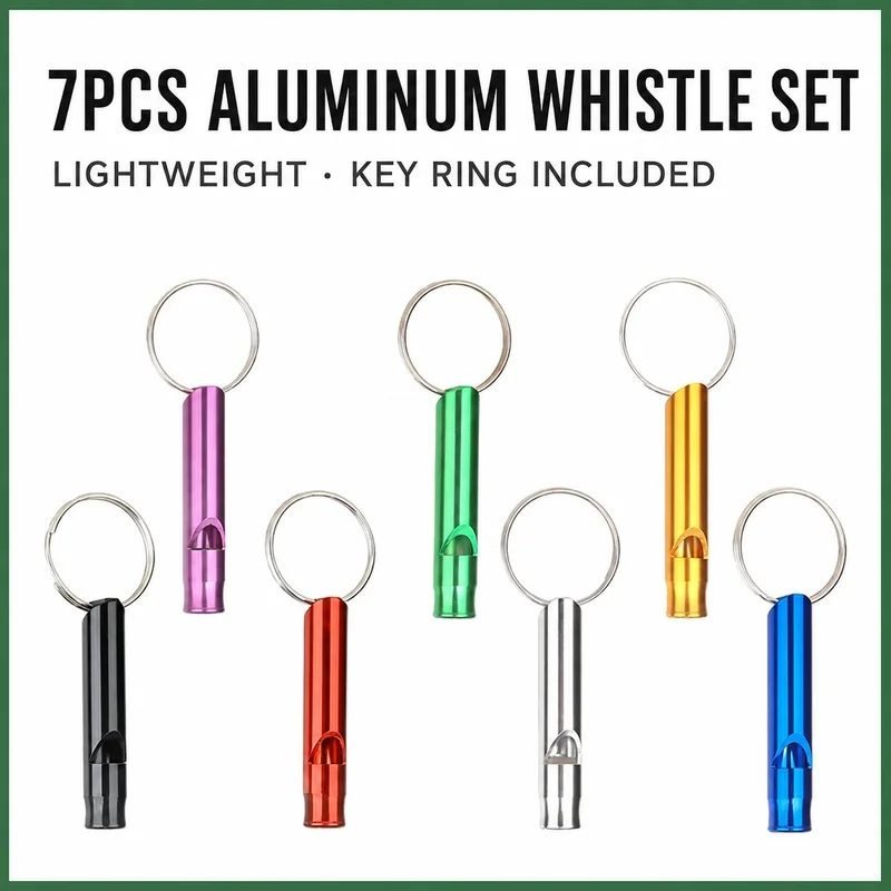 7PCS Aluminum Whistle Set With Key Rings Lightweight Outdoor Signal Whistles For Camping Hiking Sports Training Referee