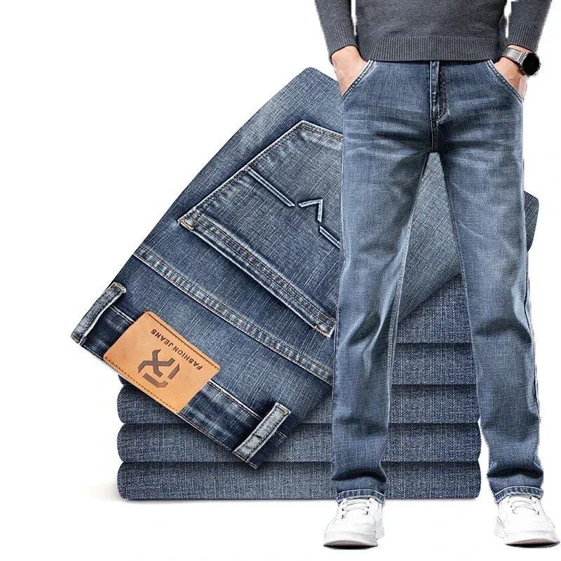 

Autumn Spring Brand Straight Loose Stretch Denim Jeans Classic Business Casual Young Men's Fashion Mid-high Waist Jeans