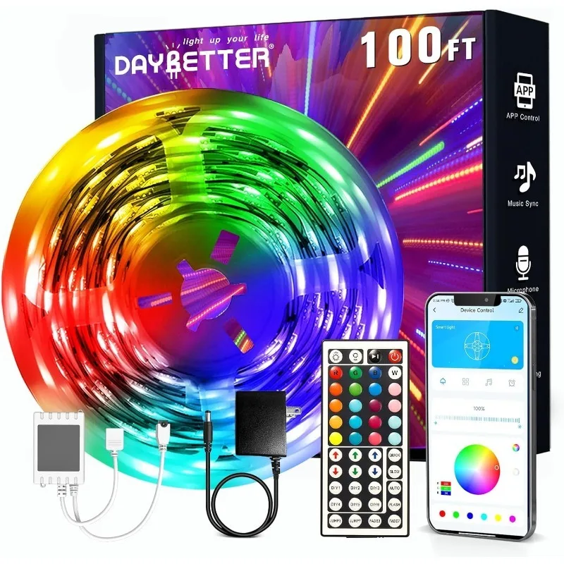 

Светодиодные ленты DAYBETTER 100 футов, интеллектуальное освещение с дистанционным управлением через приложение, светодиодные фонари RGB для спальни, синхронизация музыки, изменение цвета