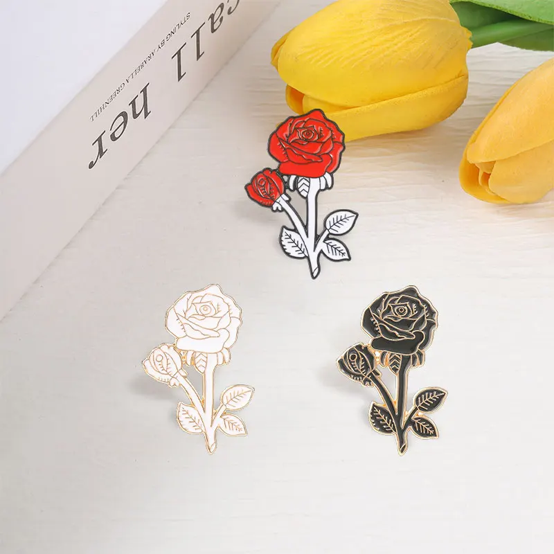 Cute Rose Flower Enamel Pins Retro Floral Plant Black Red White Rose Brooches Lapel Backpack Badge Fashion Jewelry Gifts 5
