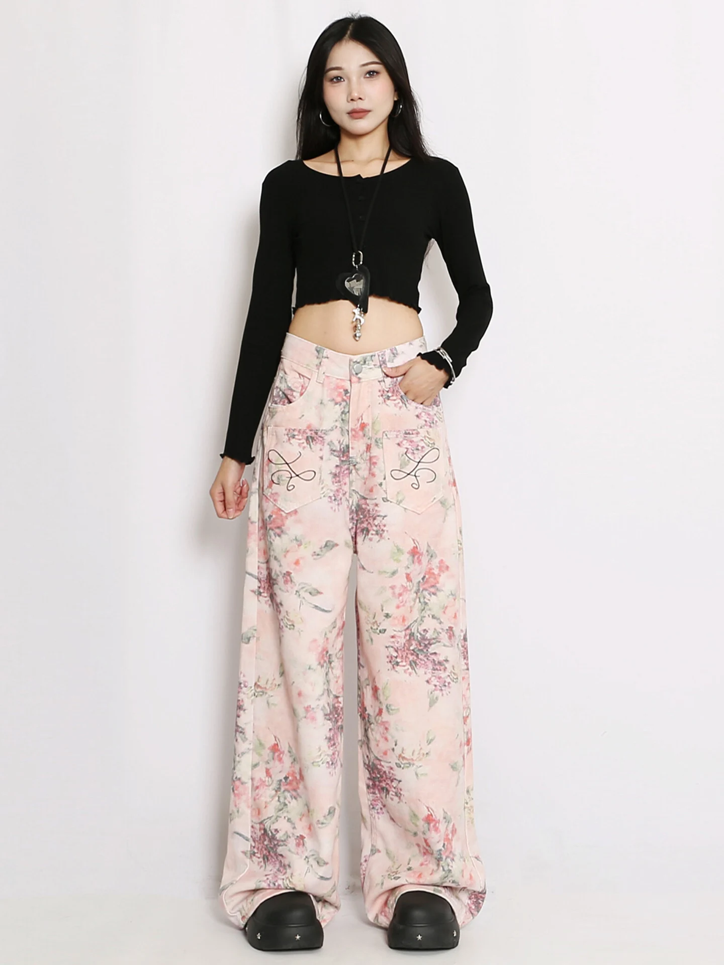 

Прямые широкие брюки с высокой талией, винтажные джинсовые женские брюки с принтом в американском стиле, осенний новый дизайн, брюки длиной до пола