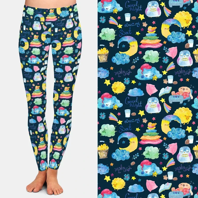 LETSFIND Cartoon Hand Drawing Elements Cute Animals and Children Print Fitness Leggings High Waist Women Pants