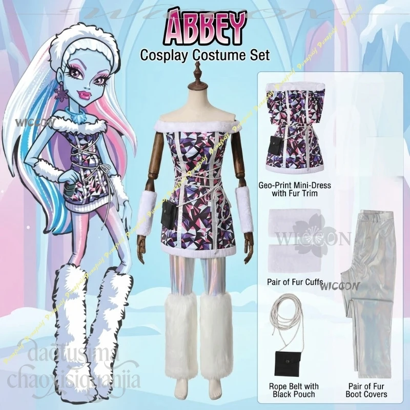 Disfraz de Abby, Peluche Peludo, Mangas Largas, Calentadores de Piernas, Minivestido Sexy con Hombros Descubiertos, Pantalones, Halloween, Navidad, Cosplay de Anime, Monstruo