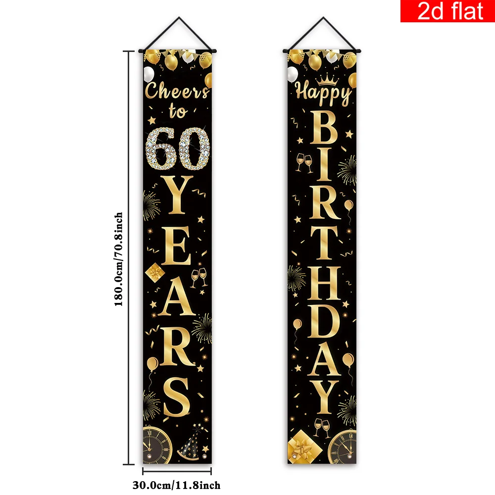 2D-Flachbanner, 2 Stück, 60. Geburtstags-Doppelbanner für die Veranda, Polyester, Design mit schwarz-goldenem Muster, geeignet für Geburtstage – Detail 1