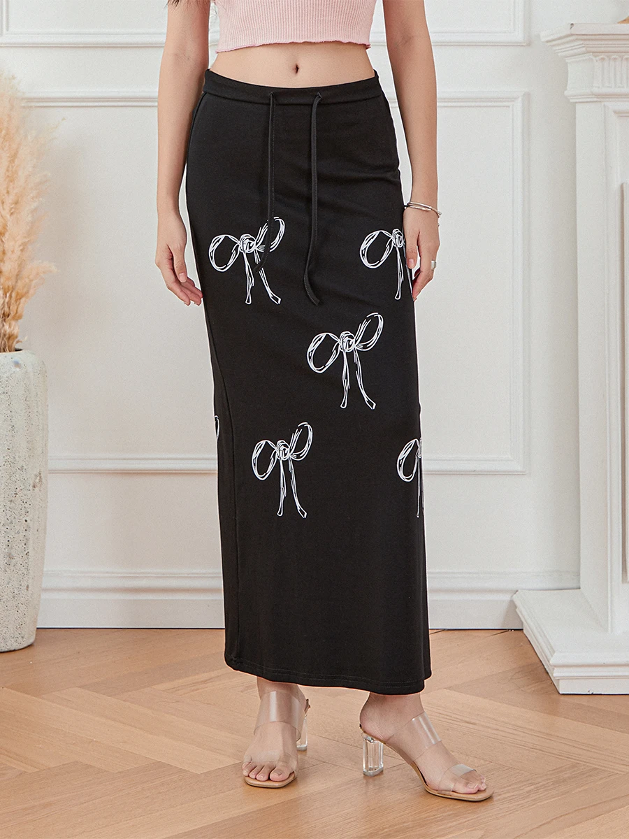 

Vintage Elegant Multi Bow Print Skirt Chic Draw-string Bandage High-waist Long Skirts 2023 Autumn Winter Streetwear Slim Skirt