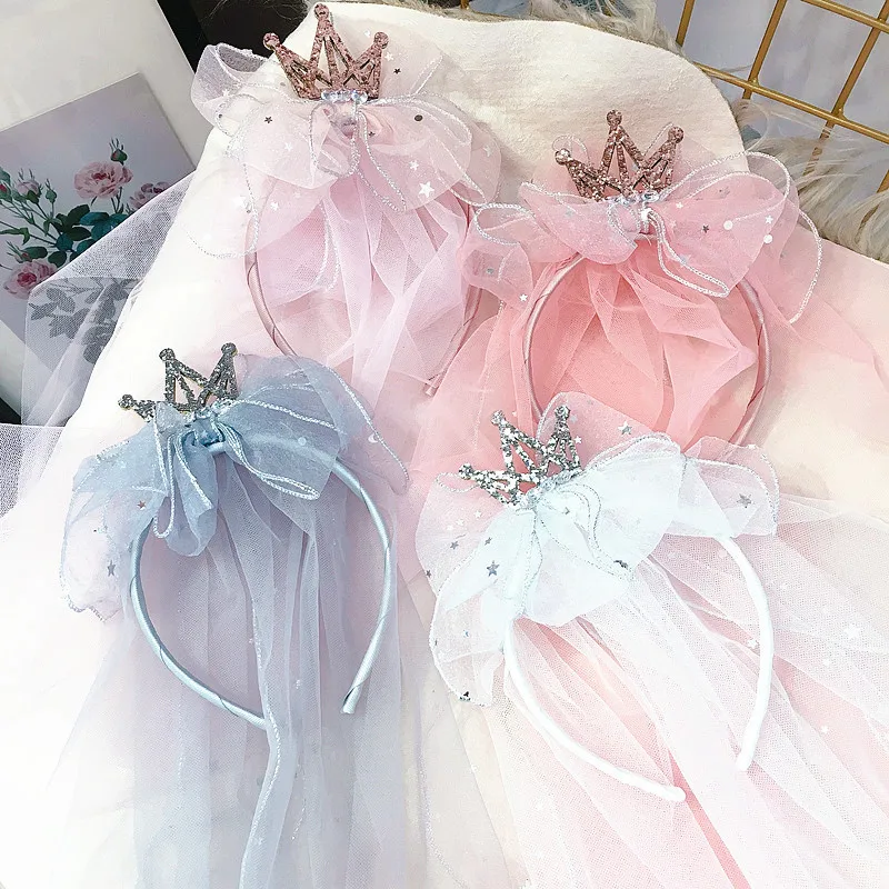 

12pcs Fashion Glitter Tiaras Hairbands Solid Tulle Bow Veil Crown Hard Headbands Princess Headwear Party Hair Accessories