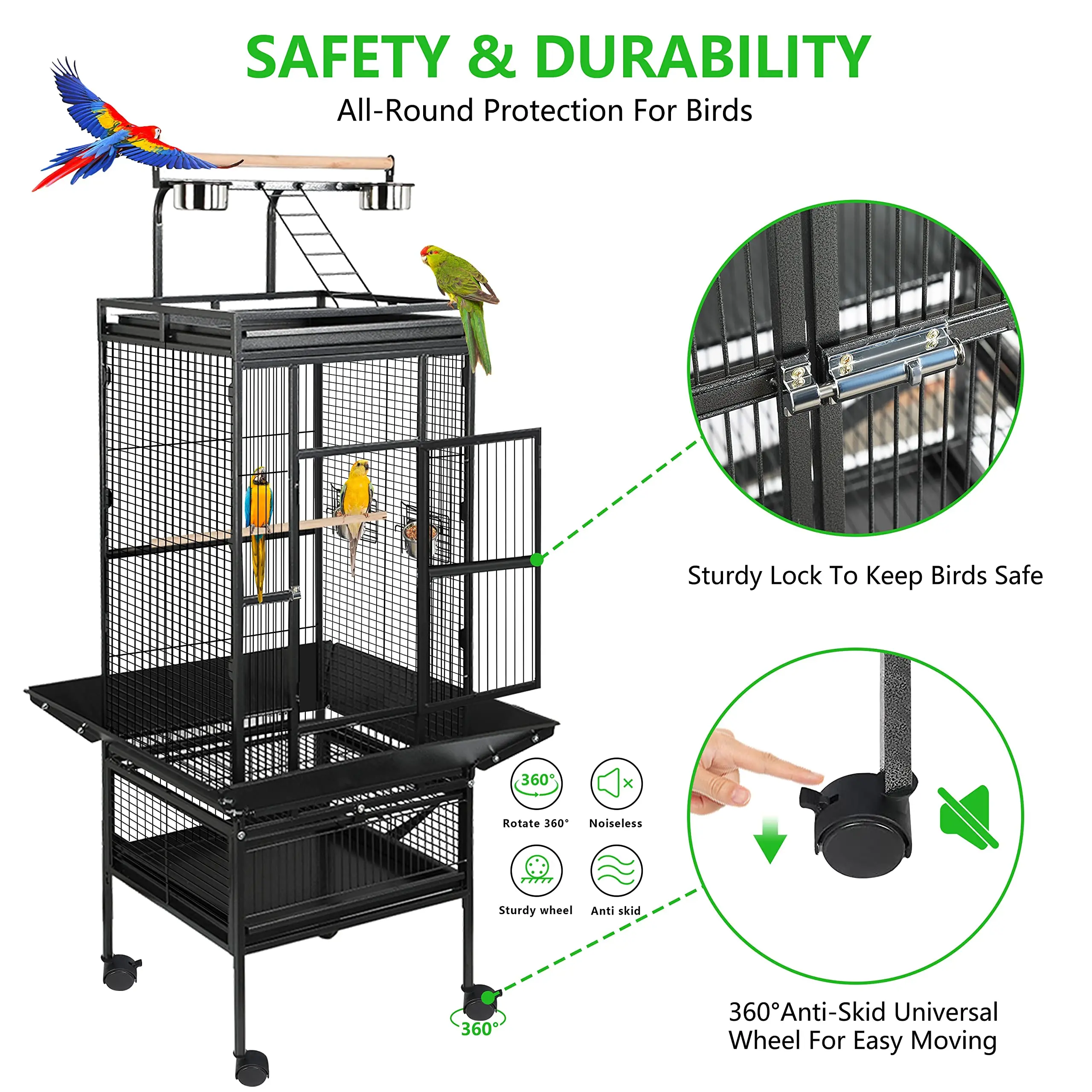 Large Rolling Bird Cage with Feeding Bowls, Play Stairs & Removable Tray  Safe for Parrots & Small Birds
