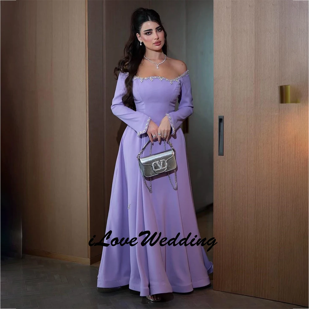 

Charming Purple Prom Dress Off Shoulder Party Dresses Long Sleeves Evening Dress with Beads فساتين السهرة Customized