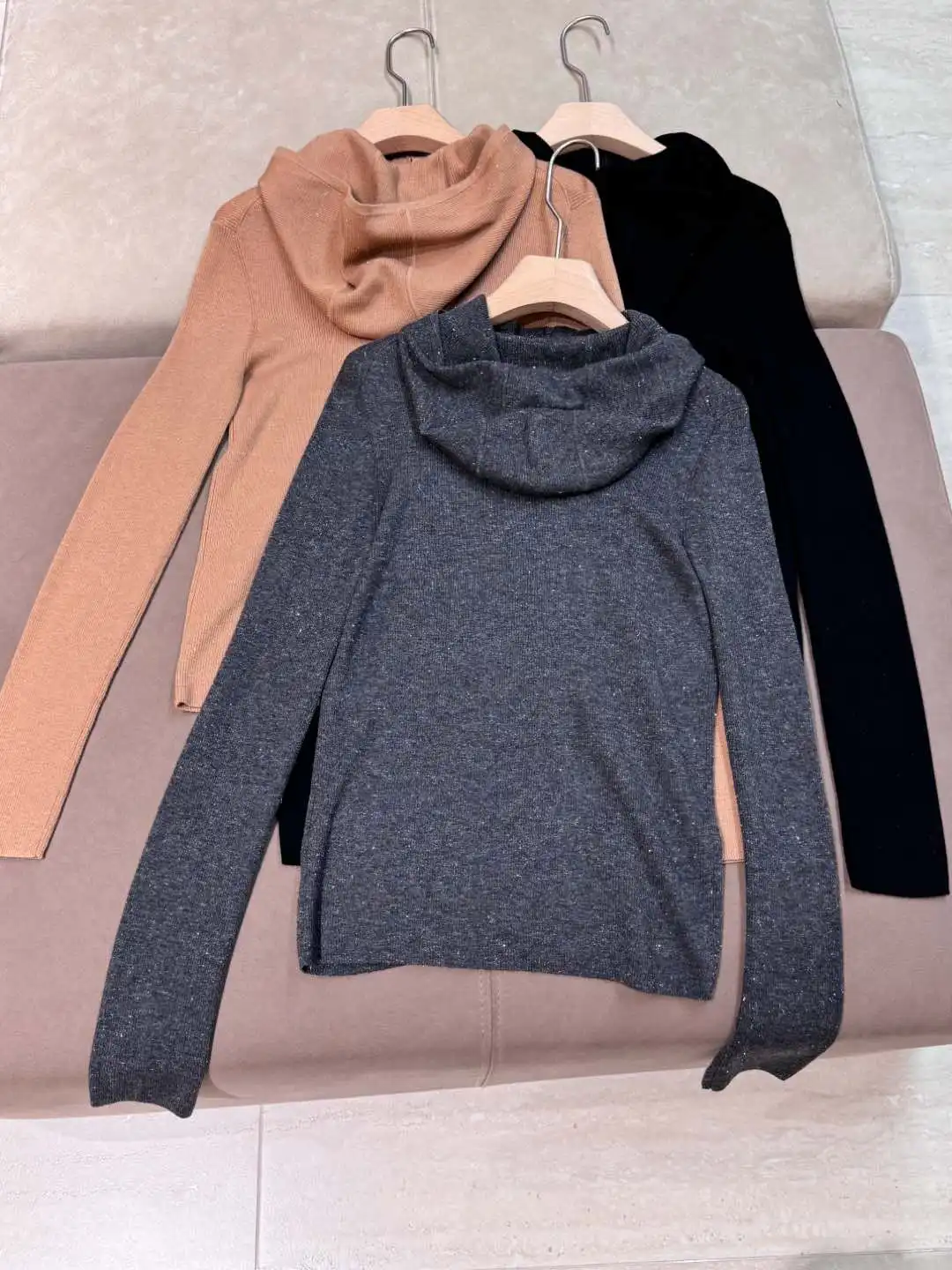 Spring Summer 2025 Women's Hooded Cashmere Wool Blend Sweater Half-open Knitted Pullover Top