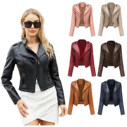Women Faux PU Leather Coat Turn Down Collar Sexy Jackets Zipper Casual Splice Coats Short Jacket Slim Maxi Biker Punk Streetwear