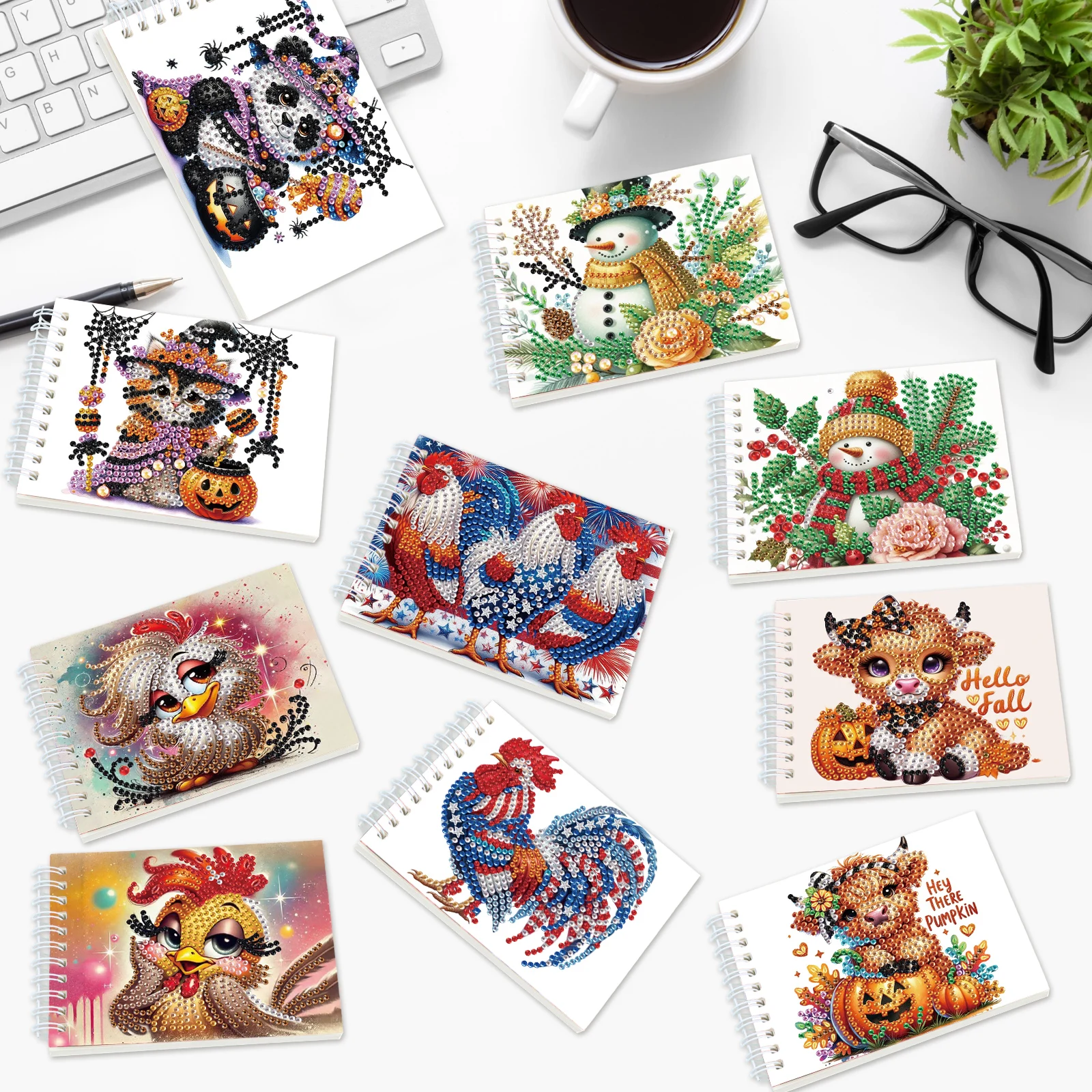 2PCS Diamond Art painting Spiral Mini Sketchbooks,Animal Theme Special Shaped Diamond Art Notebooks Kit for Office festival Gift