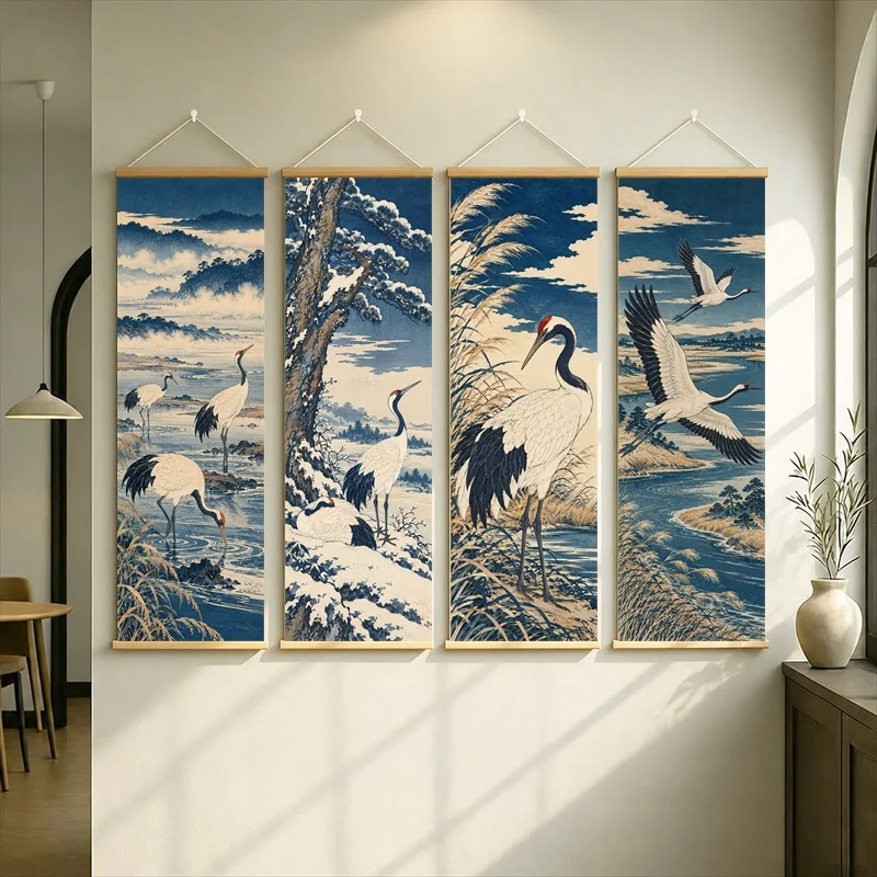 Japanese Ukiyo-e Hanging Scroll with White Cranes, Rolling Waves and Tall Reeds in Blue and Cream Colors for a Bedroom