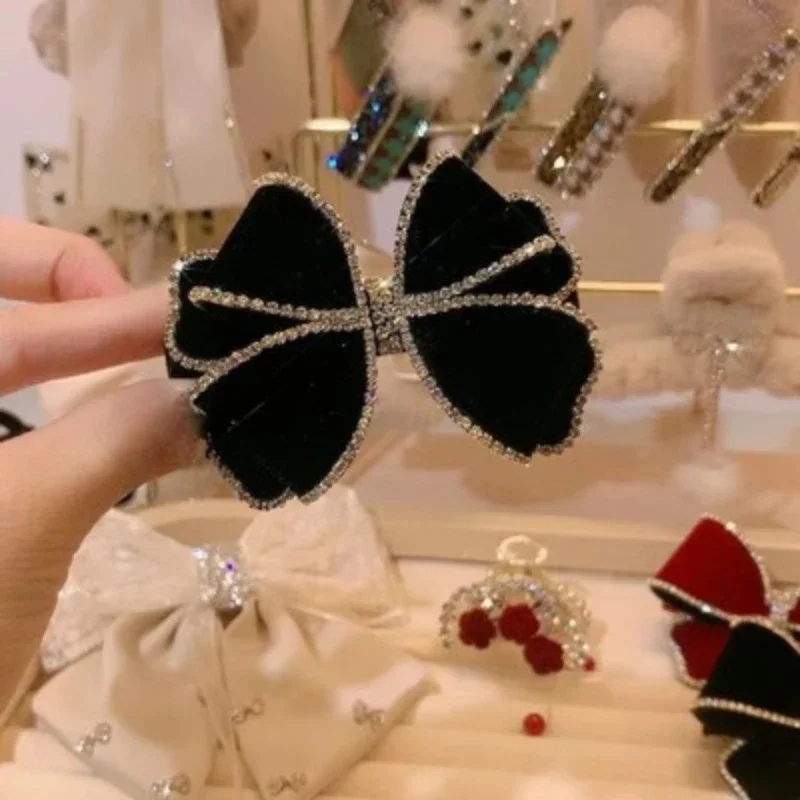 New Velvet Bow Hairpin for Women Crystal Bowknot Hair Clips Luxulry Ponytail Clip Wedding Party Barrettes Girls Hair Accessories