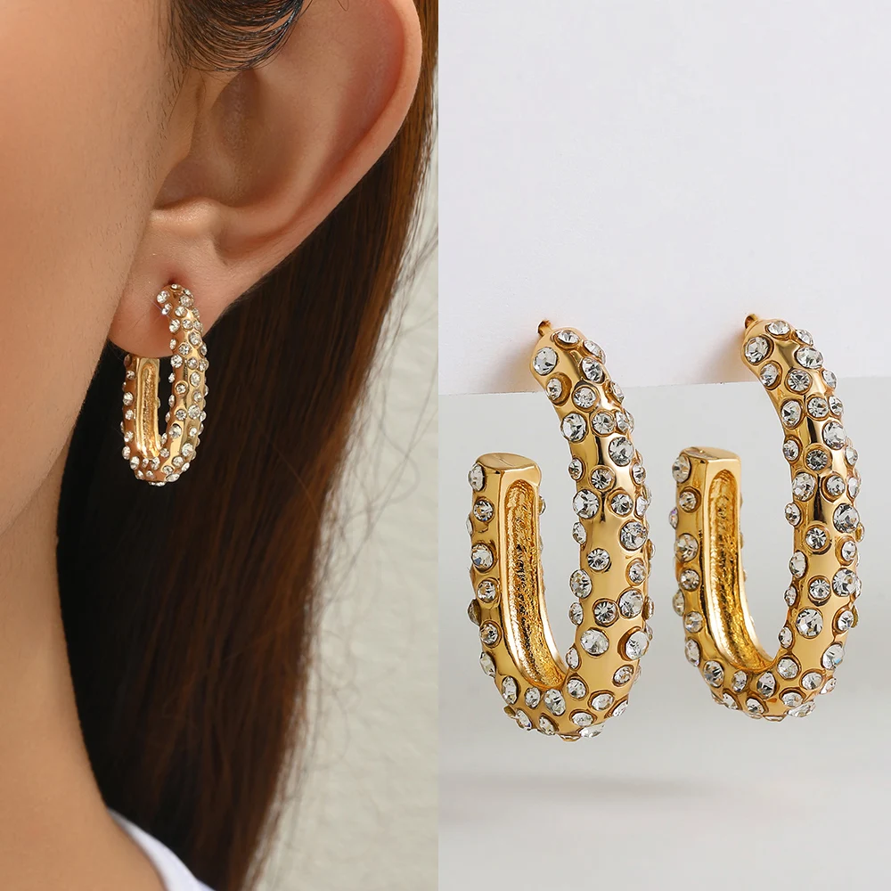 Trendy Crystal CZ Zirconia Geometric Open Hoop Earrings for Women Gold Plated U Shaped Circle Ear Stud Piercing Jewelry Party