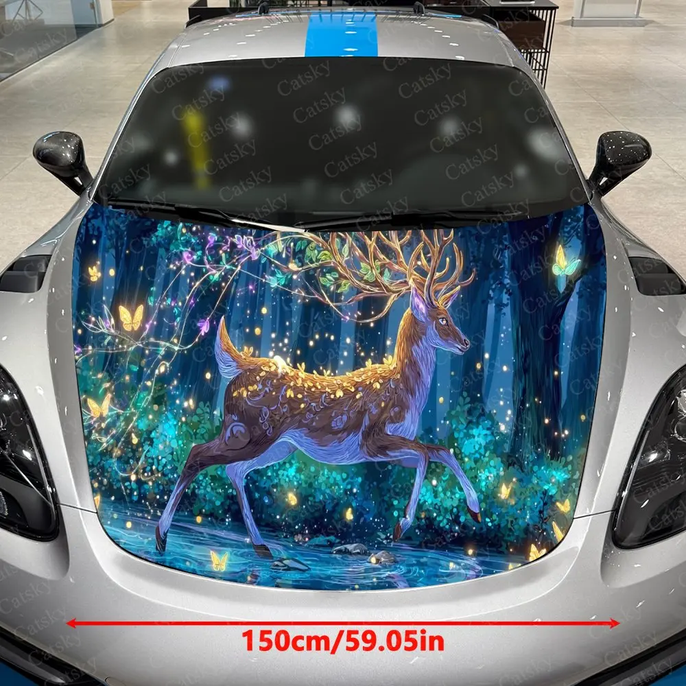 Fantasy Blue Deer Car Vinyl Wrap, PVC Waterproof Car Hood Sticker, Self-Adhesive Scratch-Resistant Stickers for Engine Cover
