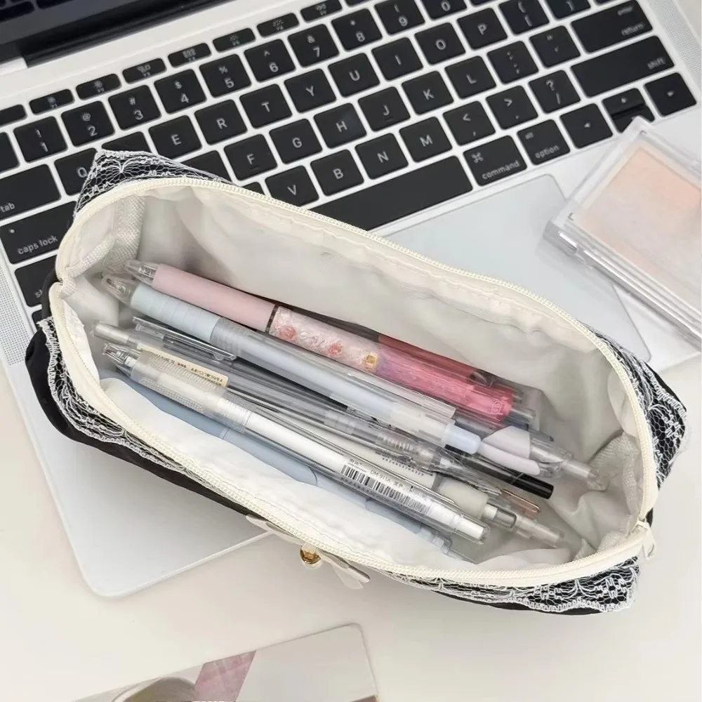 Ins Lace Pencil Case Black Quilted Pencilcase Bags Large Capacity Stationery Storage Bag Organizer Pouch