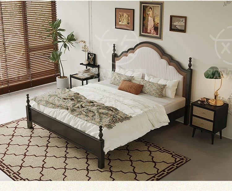 

Solid wood bed black flannel bedside soft bag light luxury double bed