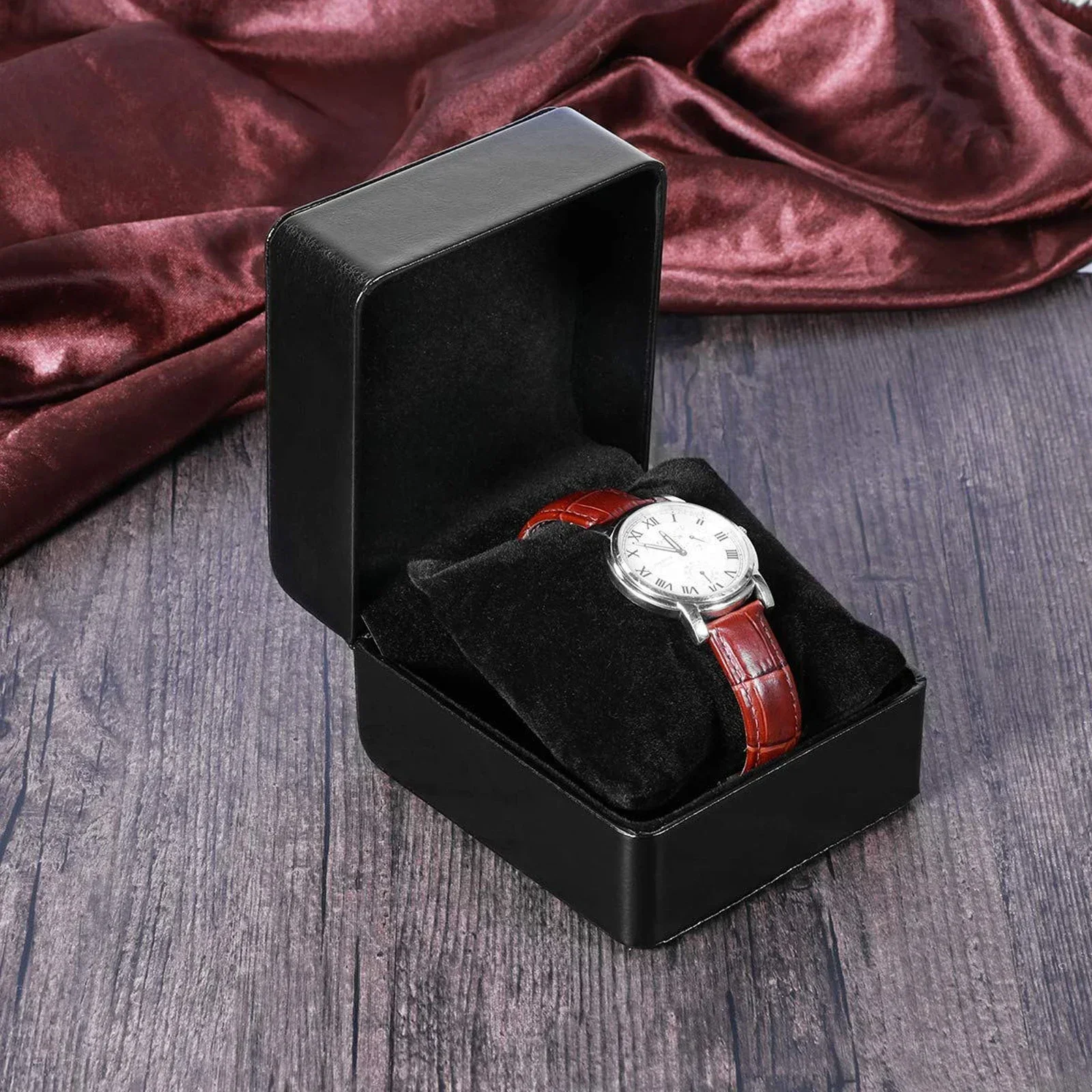 Neue schwarze Einzeluhr-Geschenkbox mit Kissen, PU-Leder, Armbanduhr-Vitrine, Organizer für Herren, Clamshell-Uhrengehäuse aus PU-Leder