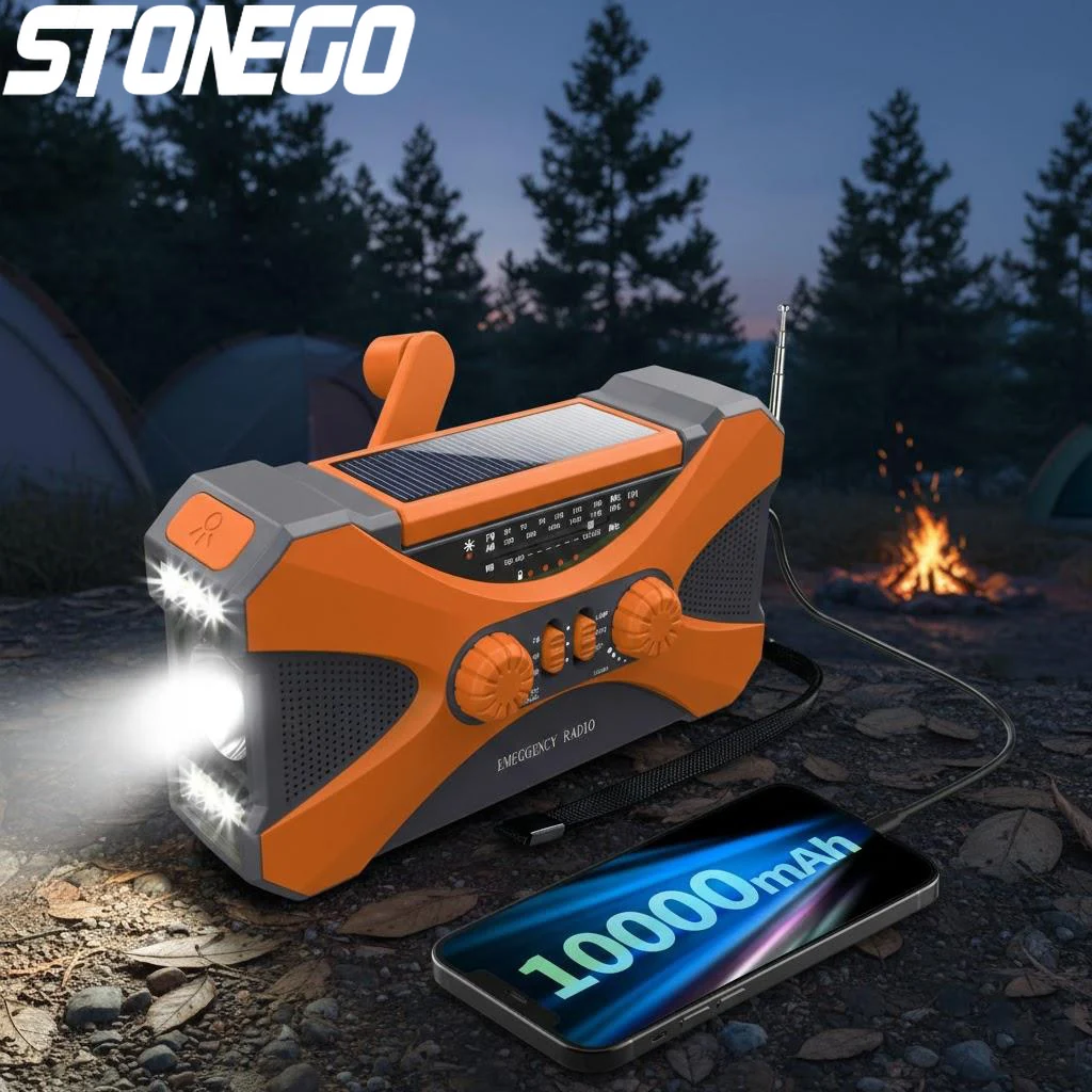 

Портативный перезаряжаемый солнечный светодиодный фонарь 10000 мАч с двумя динамиками, аварийным светом, сигнализацией SOS и радио