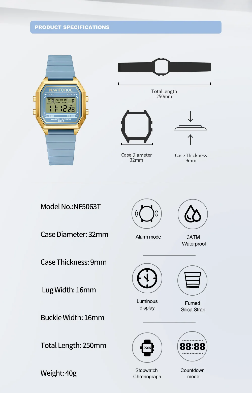 NAVIFORCE NF5063T Woman Watches Sports Watch Silicone Strap 3ATM Waterproof Time Display LCD Digital Watch