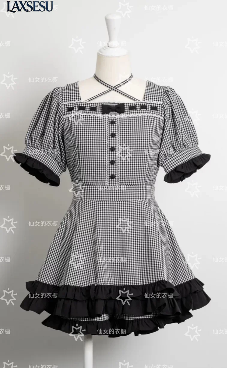 New Sweet and Versatile Girls 2 Piece Sets Bow Ruffle Edge Bubble Sleeve Short Sleeved Dress with Shorts Sets Japanese Style