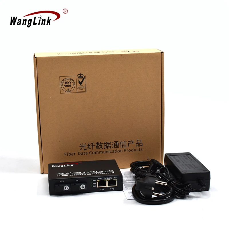 Wanglink-Poe Media Converter, Gigabit, 2 Ports, 1000 Base-X to 2 Ports, 1000 BaseT, 48V, for IP Camera, CCTV