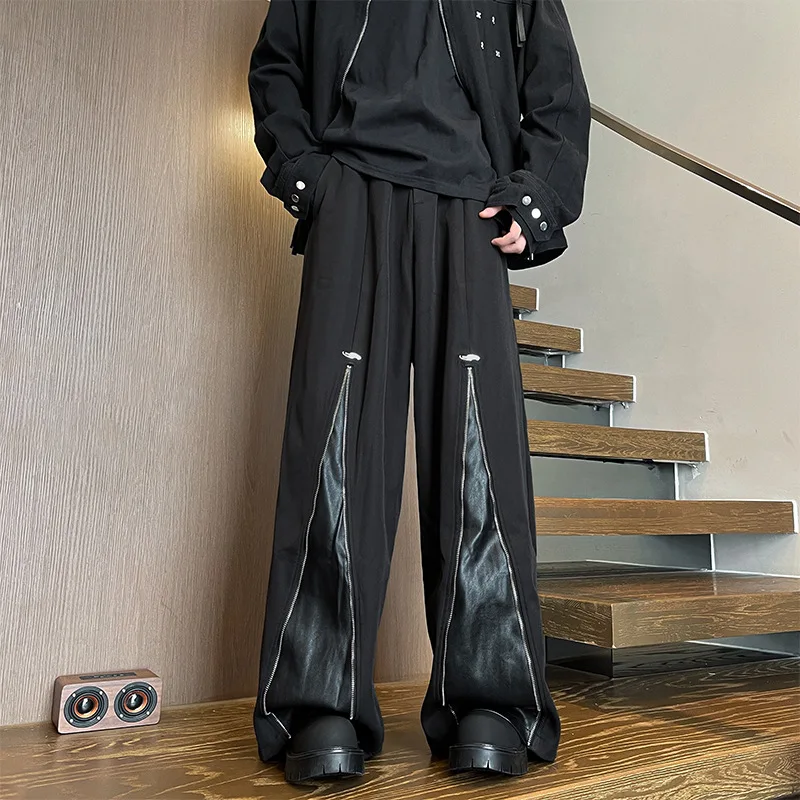 

Fashion PU Splicing Wide Leg Pants For Men Spring Autumn American Casual Street Style Male Zipper Decorative Loose Trousers
