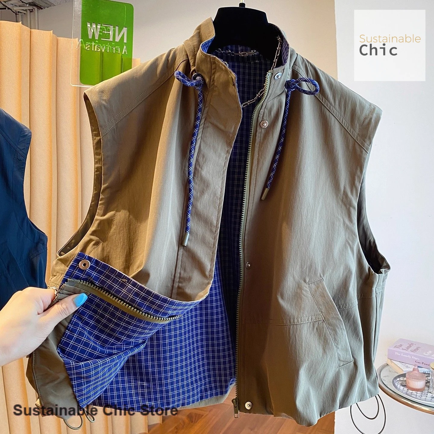 American tooling hooded solid color vest women's spring and autumn new plus size stand collar wearing loose sleeveless vest.