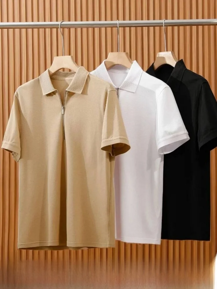 

Italian Luxury Copper Ammonia Silk Silk Blend Summer Men's High-End Cool Feeling Half Zip Short Sleeve Shirt