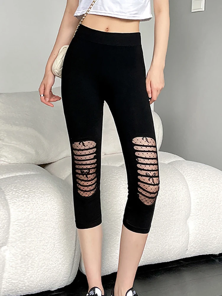 Mid-Calf Love Bowknot Lace Jeggings Elastic Mesh Sexy Leggings Black Capris Fitness Leggins Sports Gym Capris