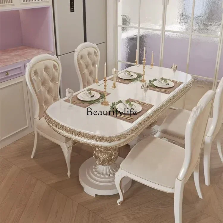 

French light luxury retro style solid wood dining table carved pink rectangular dining table and chair combination