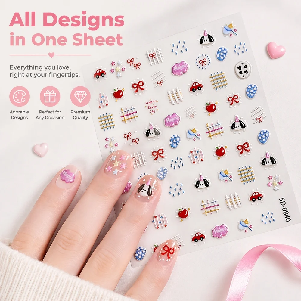 1Pc Self‑Stick 5D Nail Decals Colorful Lovely Cartoon Puppy Bow Apple Cloud Raised Stickers For Daily Fashion Nail Art Making