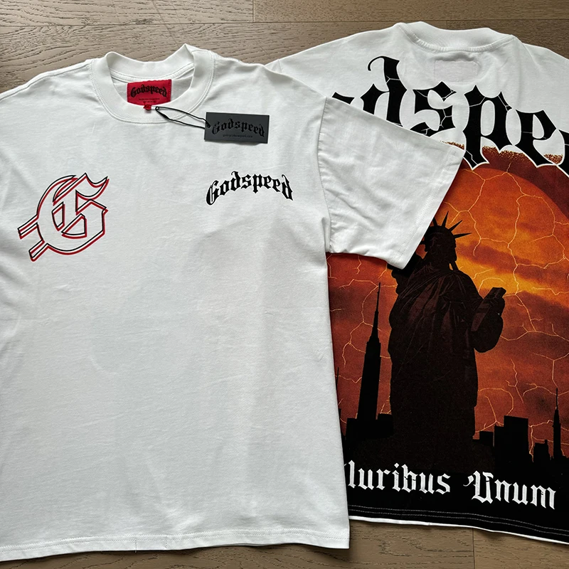 

2025 Summer Hip Hop Godspeed T-shirt Statue Print Tops Oversize GOD SPEED Short Sleeve Men Women Cotton White Tee