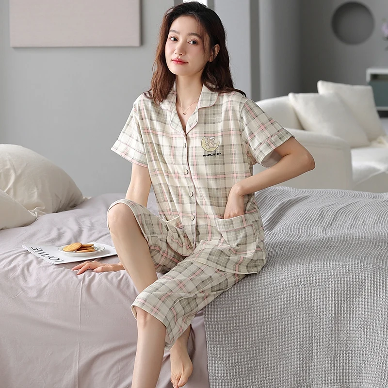 Plus Size Cotton Short Sleeve Calf Length Pants Pajama Sets for Women Summer Korean Casual Plaid Sleepwear Homewear Home Clothes