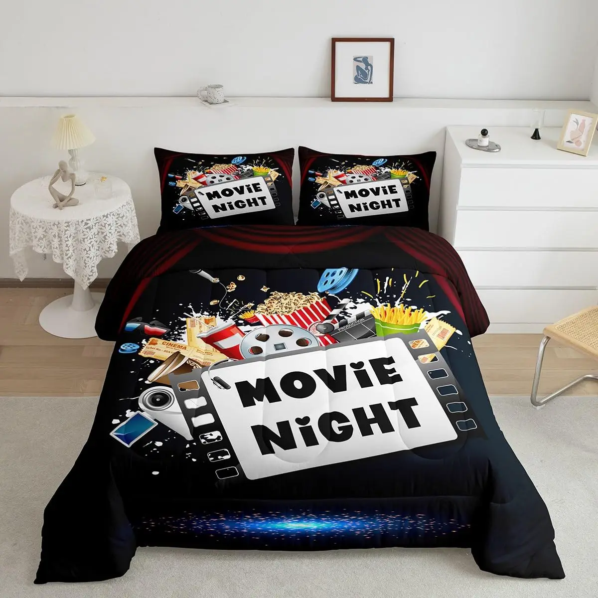 Movie Night Duvet Cover Boys Movie Bedding Set for Kids Women Men Ultra Soft Movie Theater Decor Comforter Cover Set Popcorn