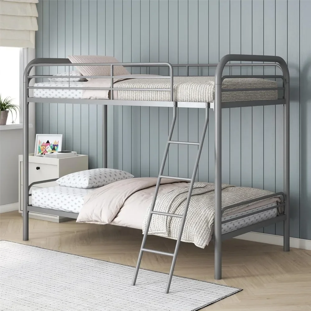 Dusty Metal Bunk Bed Frame for Kids, Teens, and Adults, with Angled Ladder, High Full Length Guardrail, Smooth Rounded Edges,