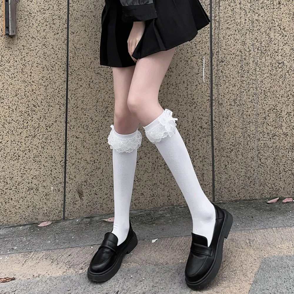 

2Pairs Fashion Ruffle Lace Bowknot Stockings Streetwear Sweet Long Tube Socks Lolita JK Harajuku Stockings for Women Girl