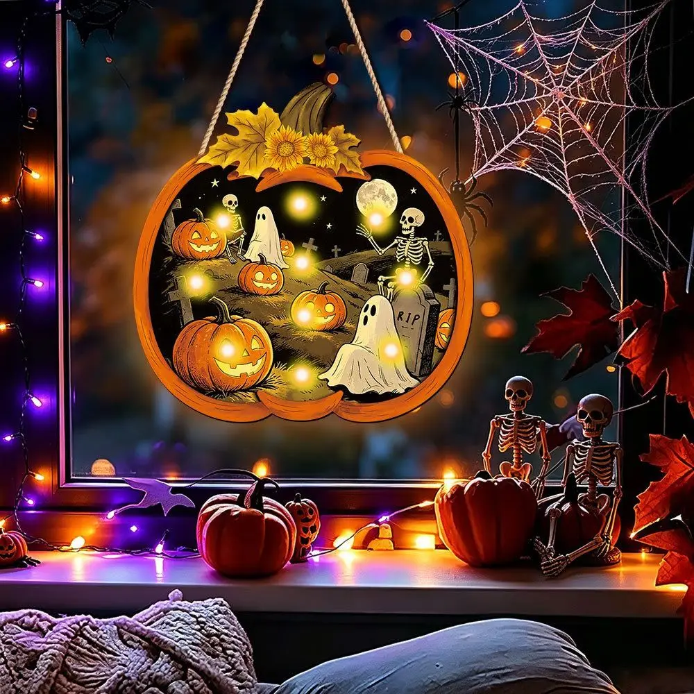Cartoon Ghost Halloween Pumpkin Light-up Signage Lighted Pumpkin Scenery Layout Wall Hanging Plaque Multi-functional LED Lamp
