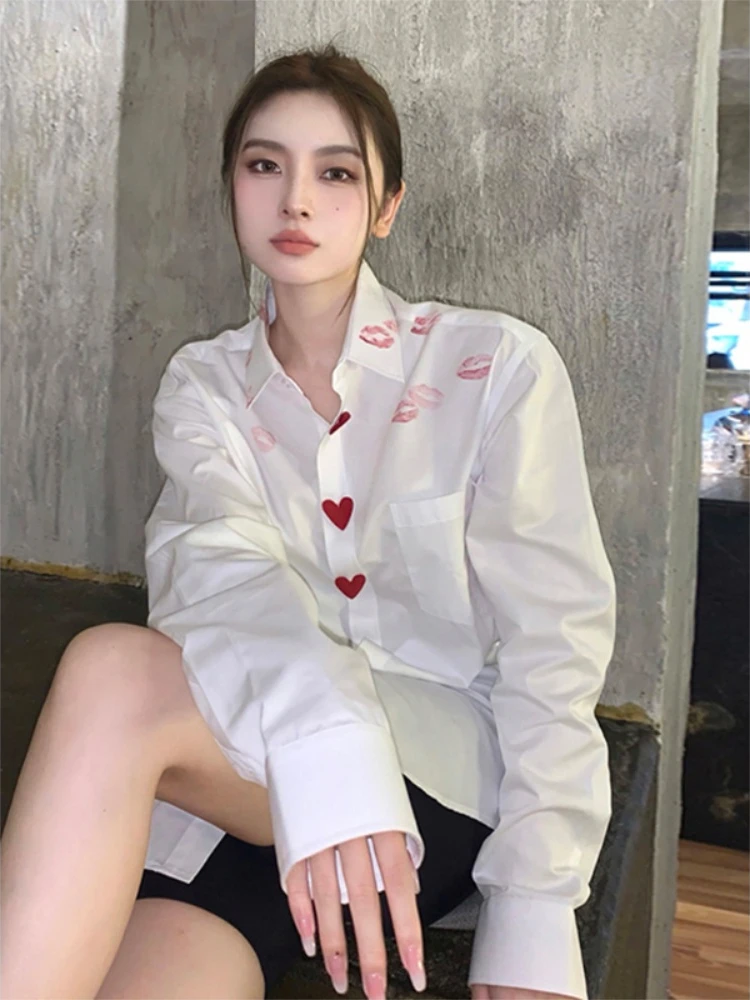 Casual Long Sleeve Loose Shirts For Women Solid  Lipstick Printing Heart Button Tops Loose Streetwear All-match Oversizes Blouse