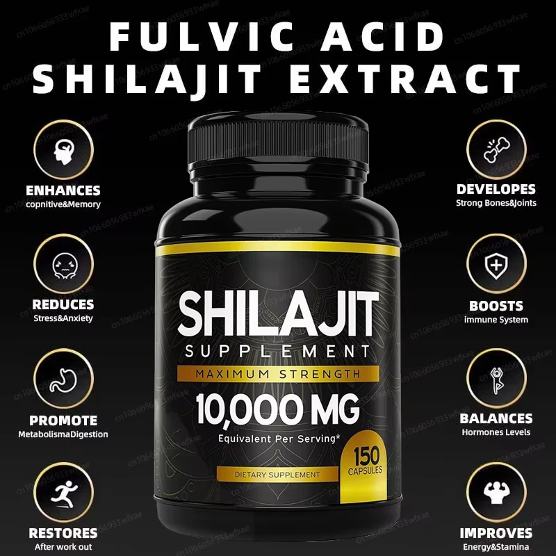 مكمل كبسولات شيلجيت 10000 ملجم للطاقة والجهاز المناعي - 150 قطعة مع 85+ من المعادن التي تتبع وحمض اللفيتش