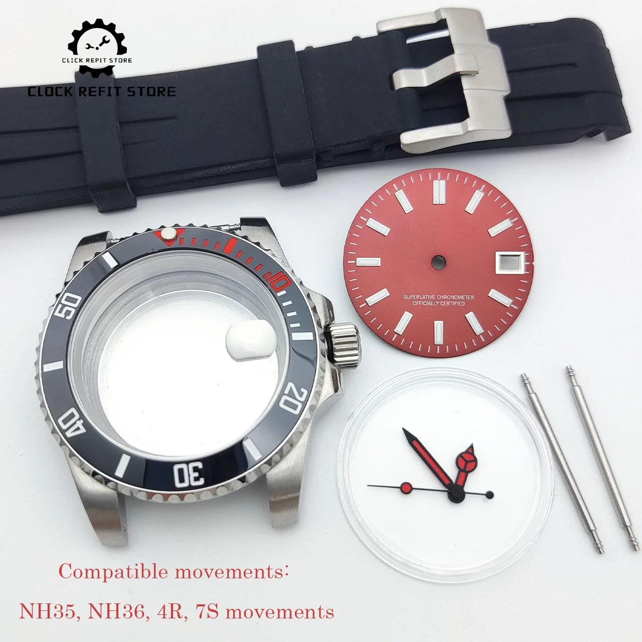 40mm NH35 Watch Case Set Steel Case, Rubber Strap Pin Buckle Sapphire Crystal Solid Back Fits 28.5mm Dial