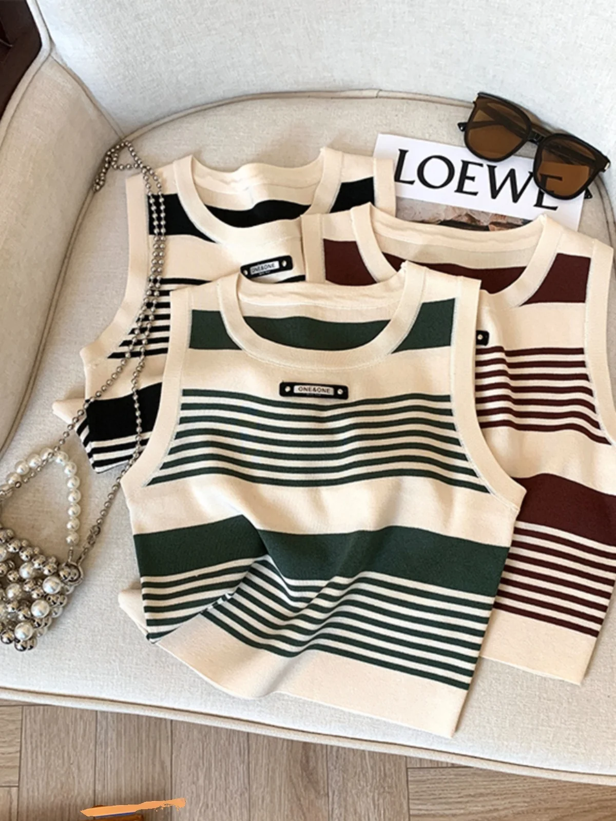 Ice Silk Knitted Stripe Work irt Strap Vest Women Inner Summer Outer Wear Hide Side Breast No Sve ort Top