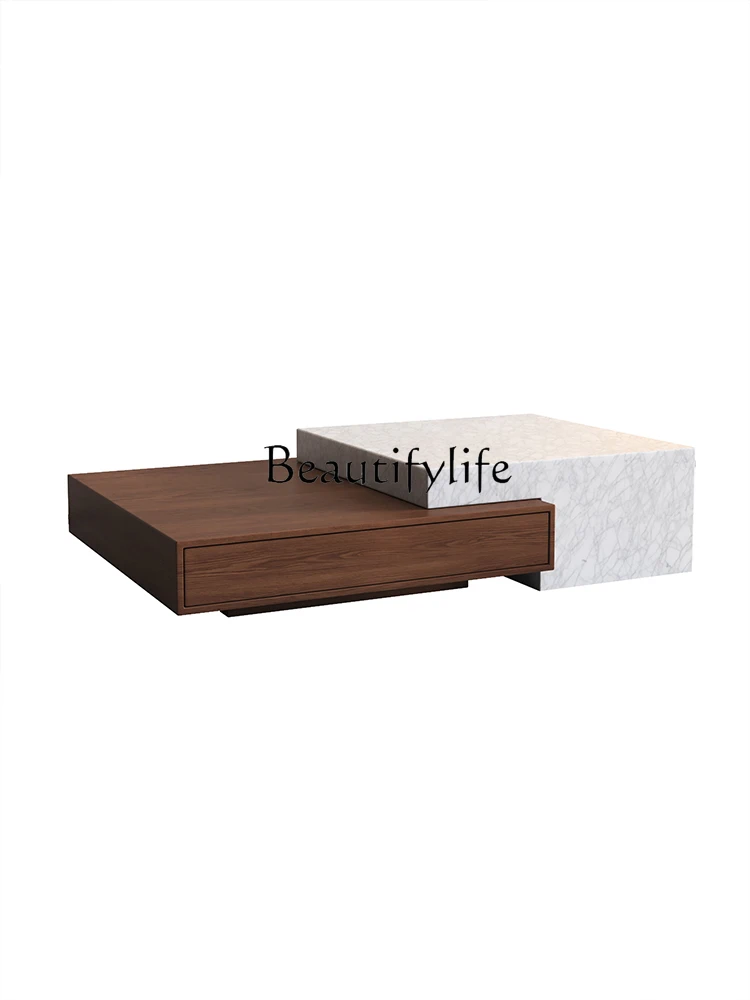 Italian Style Light Luxury Cream Style Imitation Marble Tea Table Living Room Home Retractable Wood Grain Square Tea Table