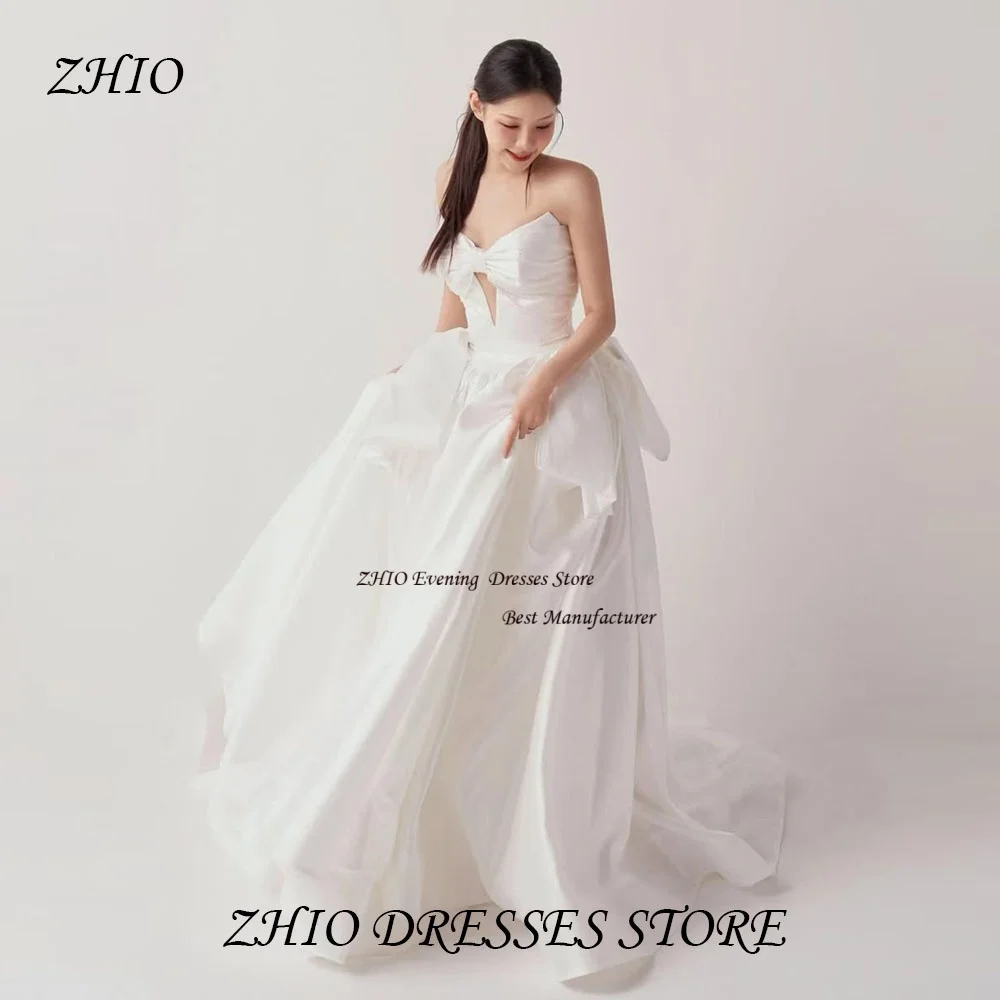 ZHIO moderne satijnen strik strapless uitgesneden Koreaanse trouwjurk fotoshoot mouwloze sweep trein formele bruidjurk op maat