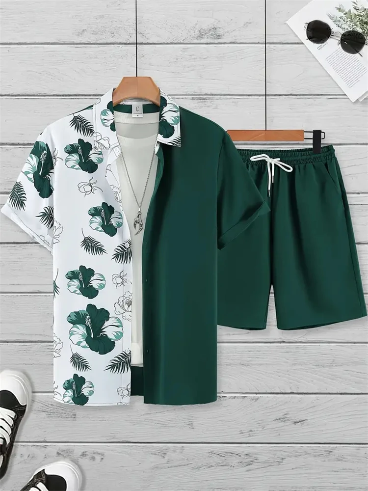 New Fashion Men's Suit Lapel 3D Flower Print Shirt Short Sleeve Casual Beach Shorts Oversized 2-Piece Hawaiian Vacation Men Suit